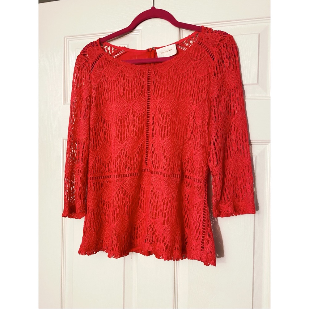 Skies Are Blue Red Lace 3/4 Sheer Sleeve Blouse